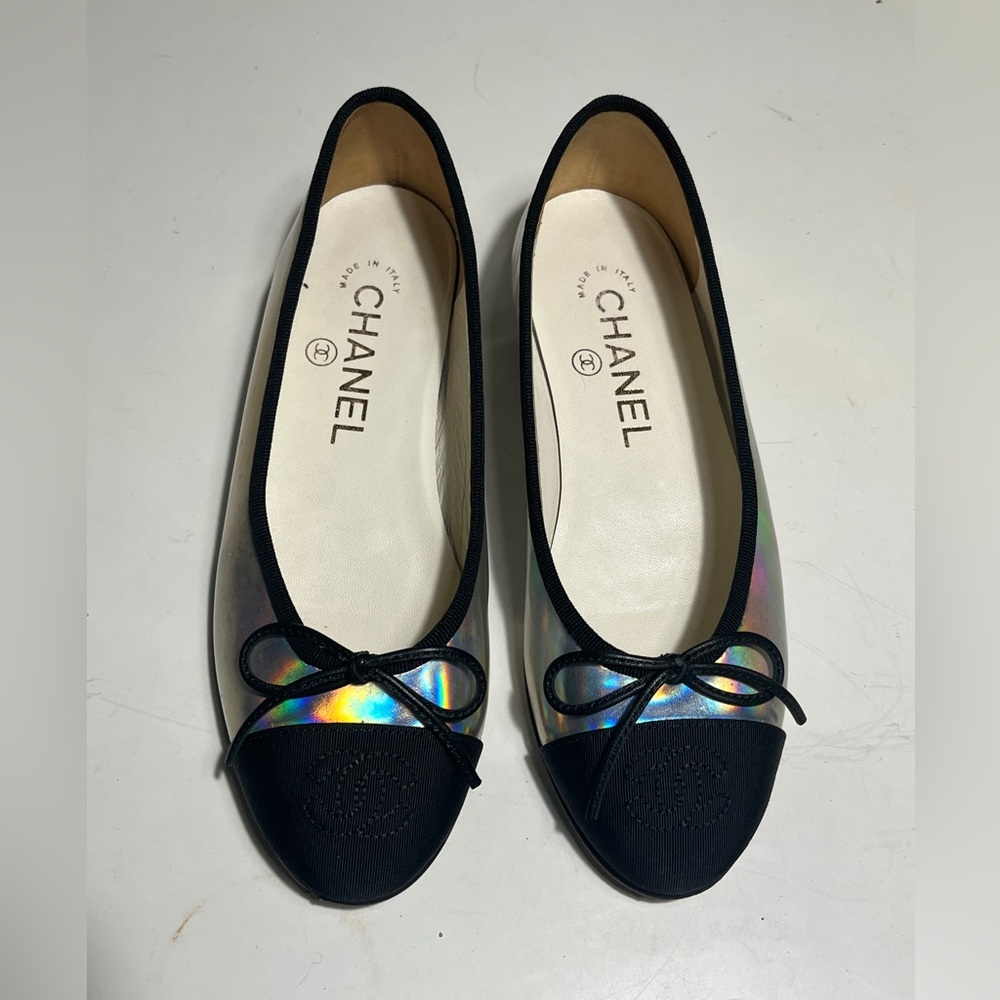 CHANEL Iridescent Ballet Flats with Black Cap Toe